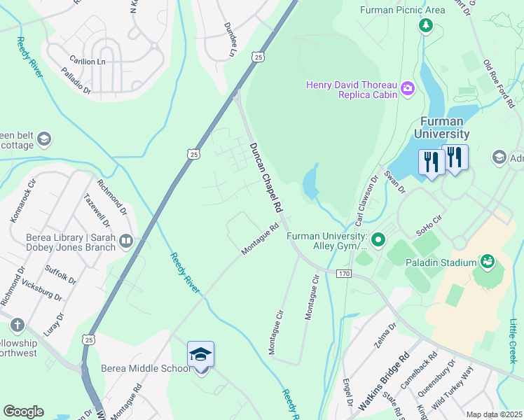 map of restaurants, bars, coffee shops, grocery stores, and more near 2601 Duncan Chapel Road in Greenville