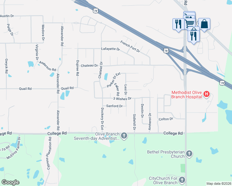 map of restaurants, bars, coffee shops, grocery stores, and more near 4238 Three Wishes Cove in Olive Branch