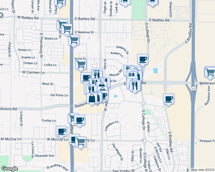 map of restaurants, bars, coffee shops, grocery stores, and more near in Santa Maria