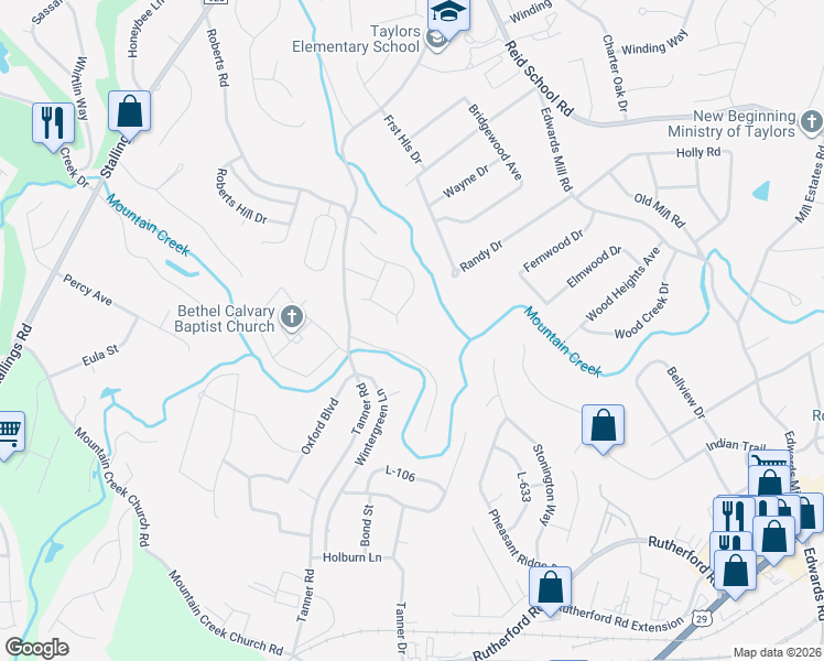 map of restaurants, bars, coffee shops, grocery stores, and more near 1 Twisted Oak Court in Taylors