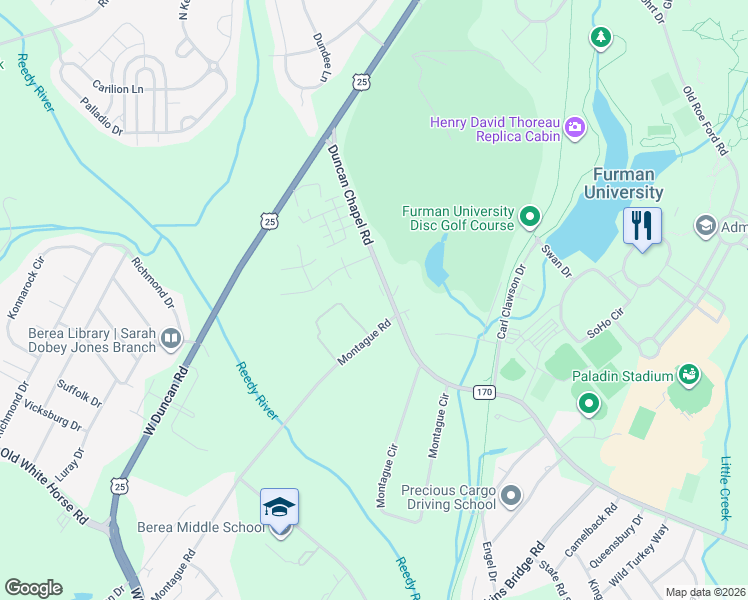 map of restaurants, bars, coffee shops, grocery stores, and more near 2601 Duncan Chapel Road in Greenville