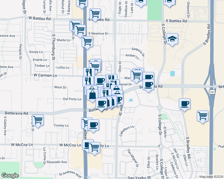 map of restaurants, bars, coffee shops, grocery stores, and more near 325 East Betteravia Road in Santa Maria