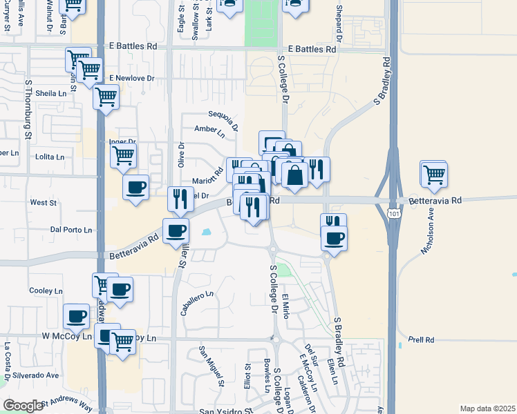 map of restaurants, bars, coffee shops, grocery stores, and more near 570 East Betteravia Road in Santa Maria