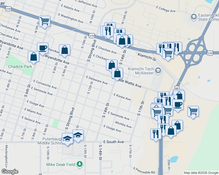 map of restaurants, bars, coffee shops, grocery stores, and more near 411 South 14th Street in McAlester