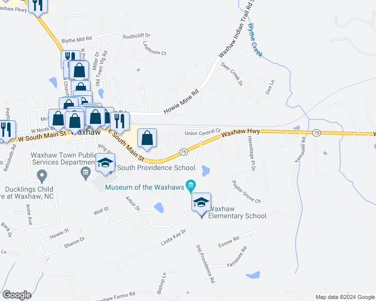 map of restaurants, bars, coffee shops, grocery stores, and more near 8252 Waxhaw Highway in Waxhaw