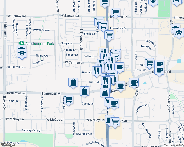 map of restaurants, bars, coffee shops, grocery stores, and more near 2096 South Lincoln Street in Santa Maria