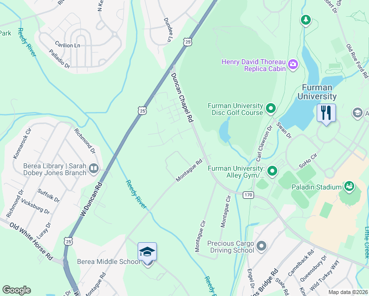map of restaurants, bars, coffee shops, grocery stores, and more near 157 Montague Road in Greenville