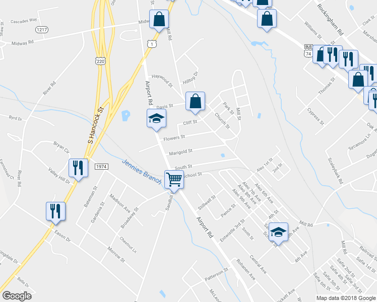 map of restaurants, bars, coffee shops, grocery stores, and more near 124 Marigold Street in Rockingham
