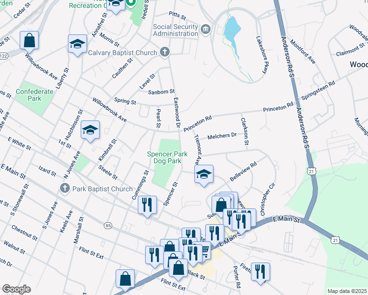 map of restaurants, bars, coffee shops, grocery stores, and more near 1033 Eastwood Drive in Rock Hill