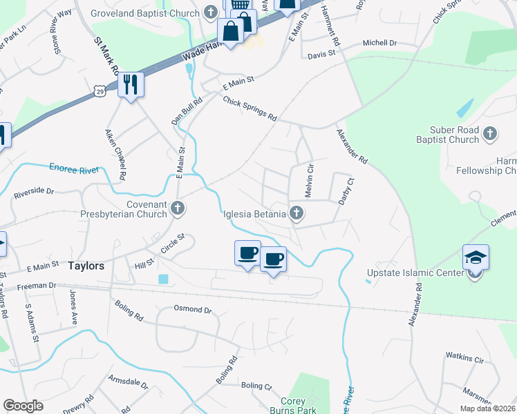 map of restaurants, bars, coffee shops, grocery stores, and more near 101 South Street in Taylors