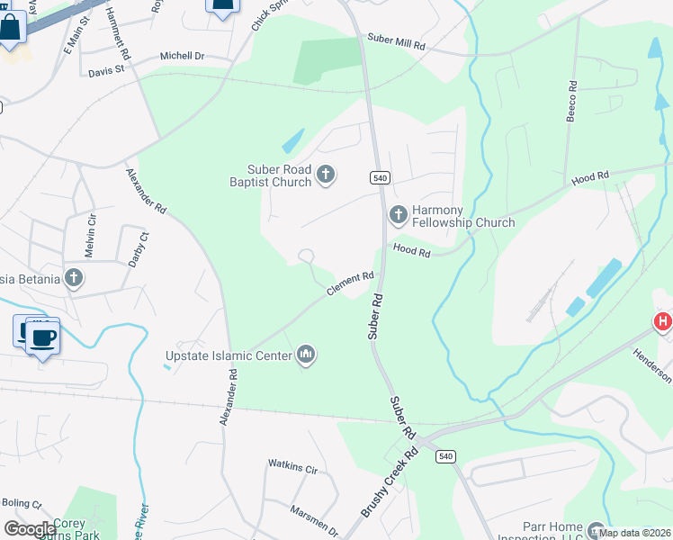 map of restaurants, bars, coffee shops, grocery stores, and more near 1513 Clement Road in Greer