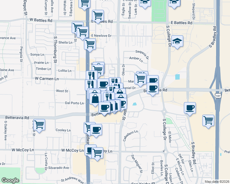 map of restaurants, bars, coffee shops, grocery stores, and more near 325 East Betteravia Road in Santa Maria