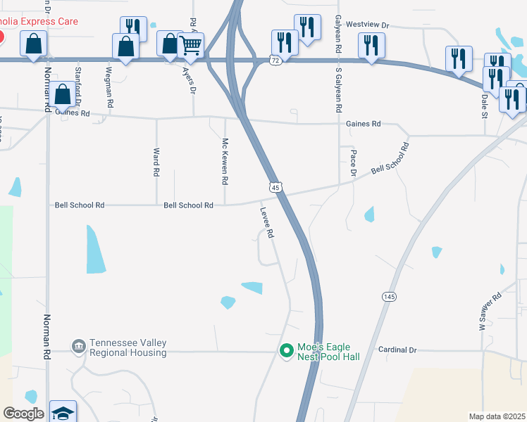 map of restaurants, bars, coffee shops, grocery stores, and more near 571 Old Highway 45 South in Corinth