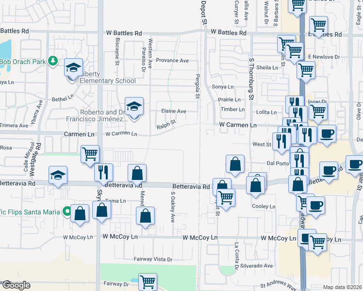 map of restaurants, bars, coffee shops, grocery stores, and more near Carmen Lane in Santa Maria