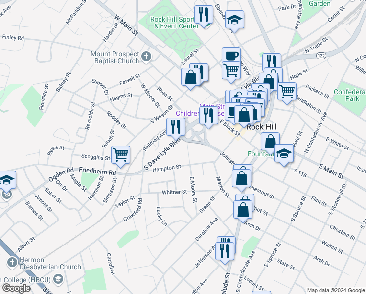 map of restaurants, bars, coffee shops, grocery stores, and more near 140 East Moore Street in Rock Hill