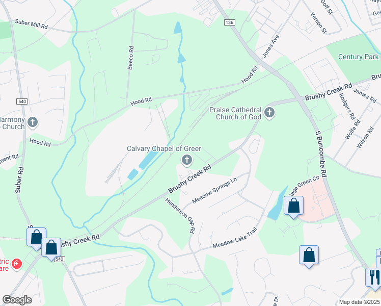 map of restaurants, bars, coffee shops, grocery stores, and more near 3325 Brushy Creek Road in Greer