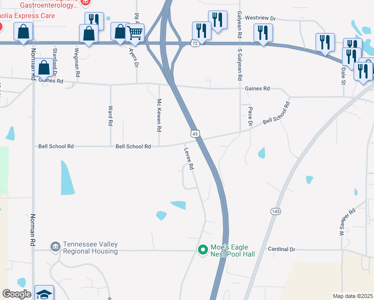 map of restaurants, bars, coffee shops, grocery stores, and more near 571 Old Highway 45 South in Corinth