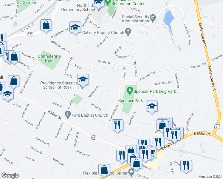 map of restaurants, bars, coffee shops, grocery stores, and more near 476 Willowspring Lane in Rock Hill