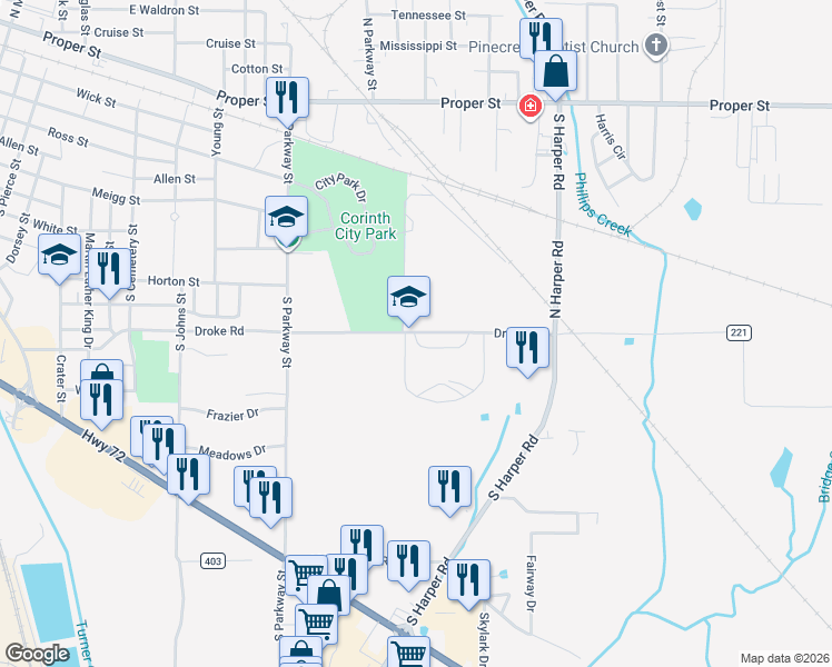 map of restaurants, bars, coffee shops, grocery stores, and more near 1921 Droke Rd in Corinth