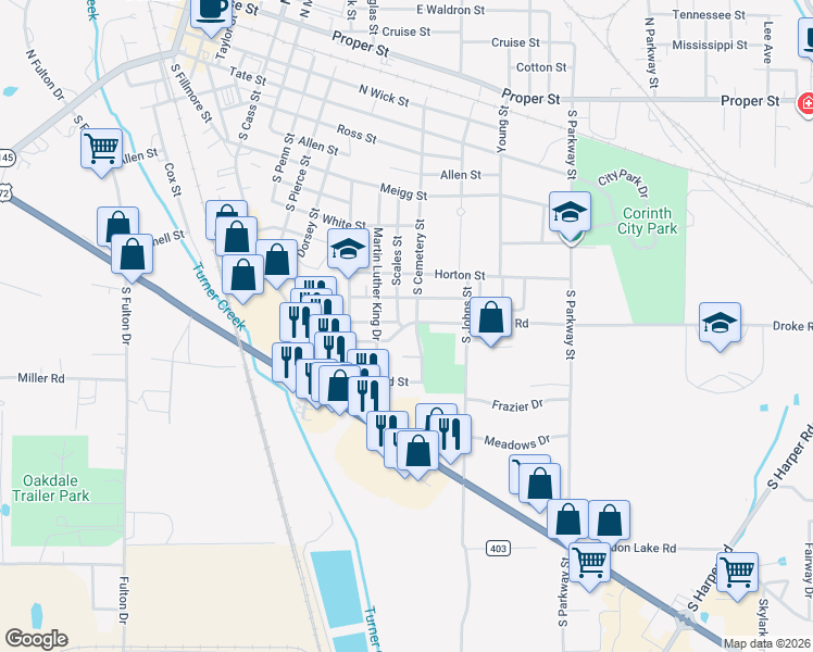 map of restaurants, bars, coffee shops, grocery stores, and more near 910-1004 South Cemetery Street in Corinth