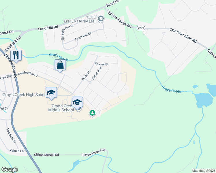 map of restaurants, bars, coffee shops, grocery stores, and more near 5121 Perfection Lane in Hope Mills