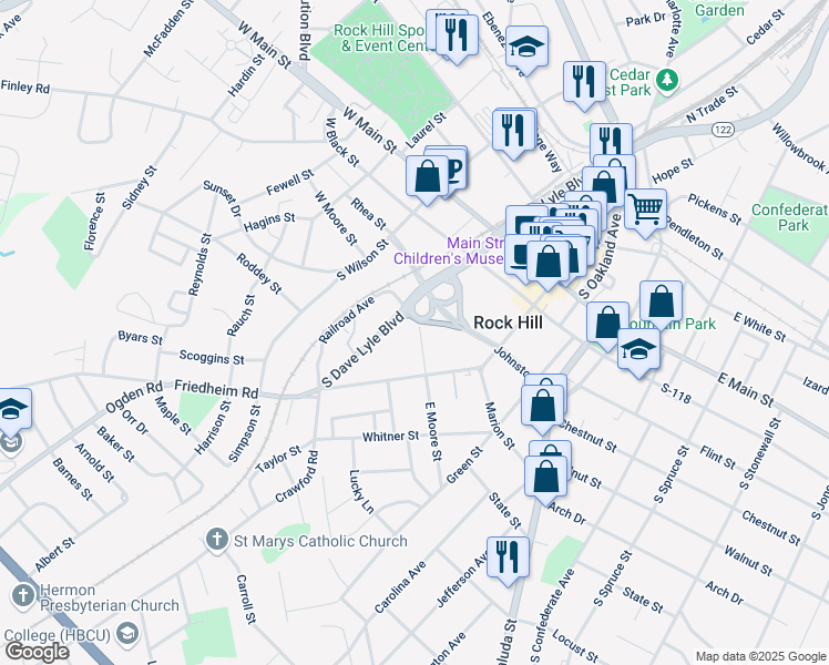 map of restaurants, bars, coffee shops, grocery stores, and more near 140 East Moore Street in Rock Hill