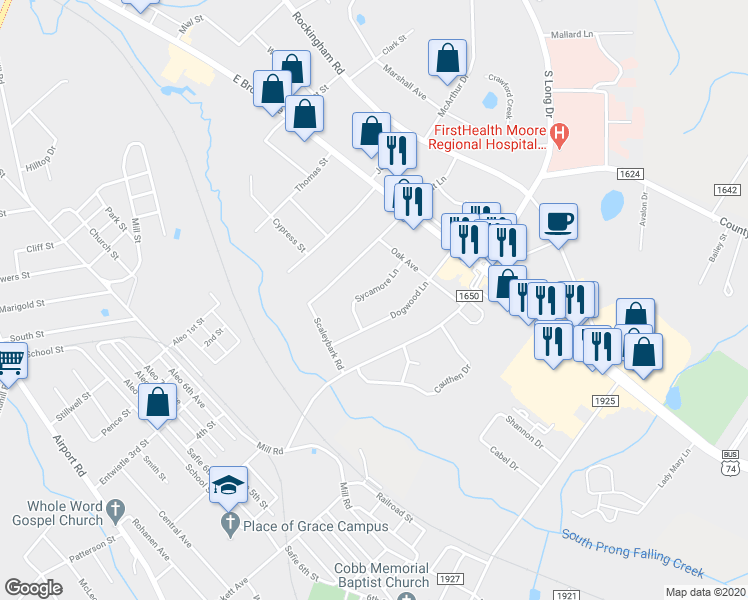map of restaurants, bars, coffee shops, grocery stores, and more near 720 Sycamore Lane in Rockingham