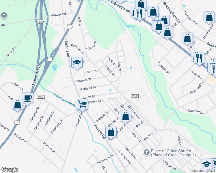 map of restaurants, bars, coffee shops, grocery stores, and more near 152 Marigold Street in Rockingham