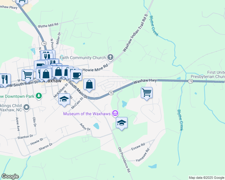 map of restaurants, bars, coffee shops, grocery stores, and more near 8316 Waxhaw Highway in Waxhaw