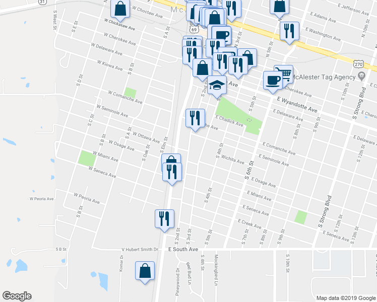 map of restaurants, bars, coffee shops, grocery stores, and more near 801 South 2nd Street in McAlester