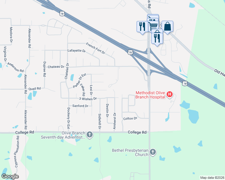 map of restaurants, bars, coffee shops, grocery stores, and more near 10676 3 Wishes Drive in Olive Branch