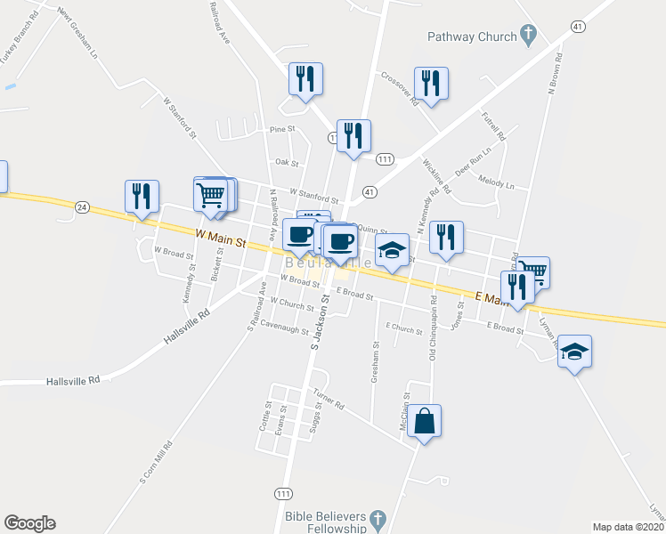 map of restaurants, bars, coffee shops, grocery stores, and more near 111 Highway 41 in Beulaville