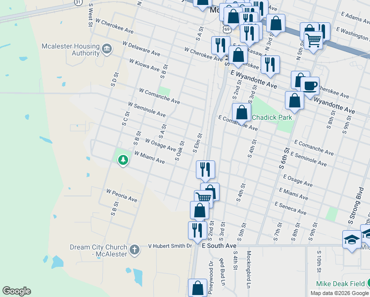 map of restaurants, bars, coffee shops, grocery stores, and more near 34 West Osage Avenue in McAlester