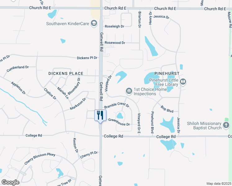 map of restaurants, bars, coffee shops, grocery stores, and more near 3153 Vineyard Drive in Southaven