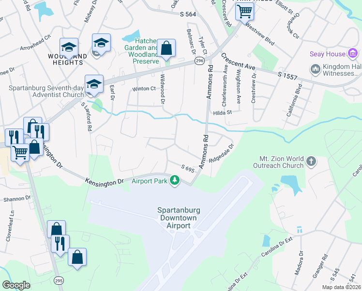 map of restaurants, bars, coffee shops, grocery stores, and more near 591 Wildwood Drive in Spartanburg