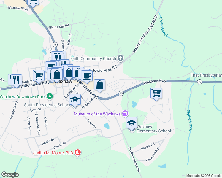 map of restaurants, bars, coffee shops, grocery stores, and more near 801 East South Main Street in Waxhaw