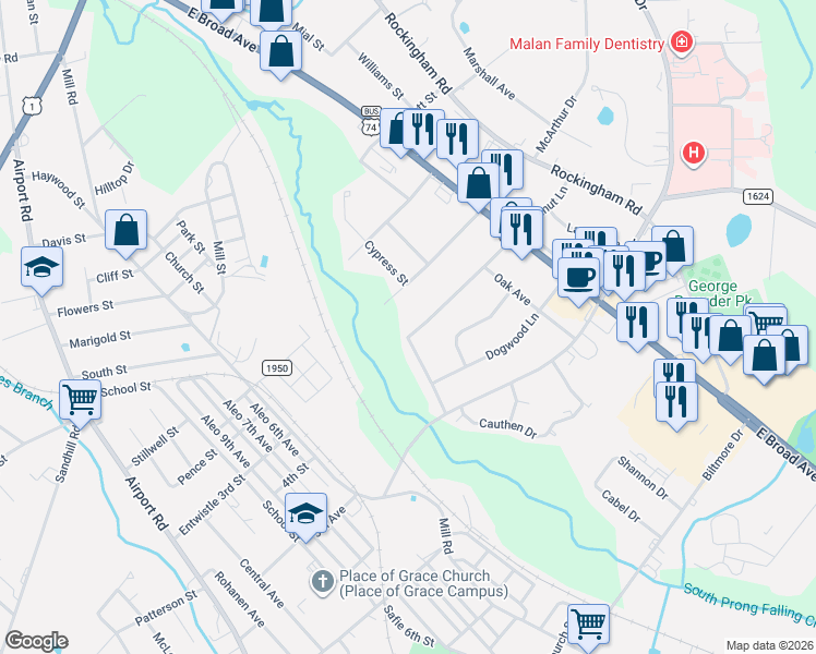map of restaurants, bars, coffee shops, grocery stores, and more near 1011 Scaleybark Road in Rockingham