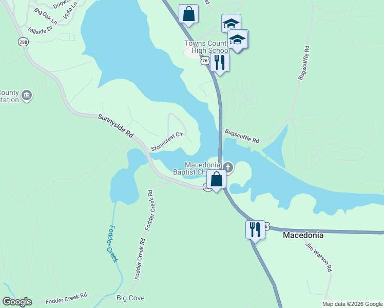 map of restaurants, bars, coffee shops, grocery stores, and more near Sunnyside Road in Hiawassee