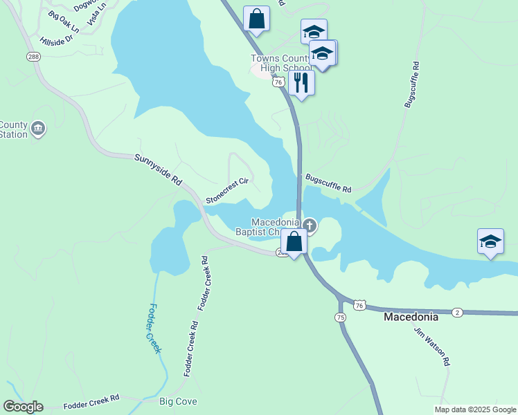 map of restaurants, bars, coffee shops, grocery stores, and more near Sunnyside Road in Hiawassee