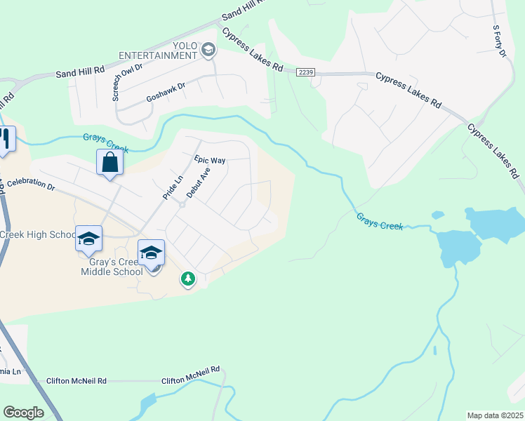 map of restaurants, bars, coffee shops, grocery stores, and more near 1715 Man-O-War Drive in Hope Mills