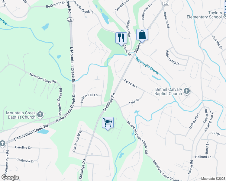 map of restaurants, bars, coffee shops, grocery stores, and more near 707 Stallings Road in Taylors