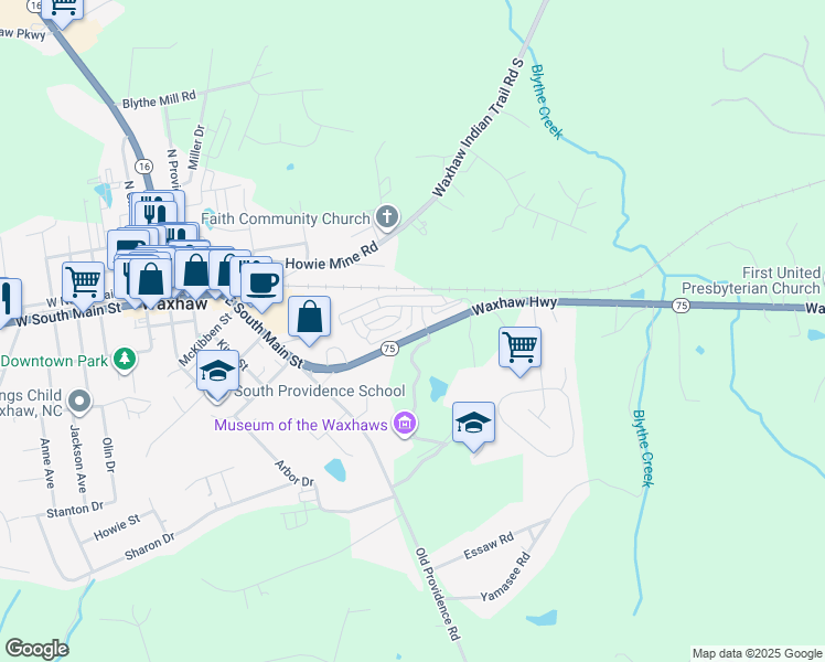 map of restaurants, bars, coffee shops, grocery stores, and more near 8316 Waxhaw Highway in Waxhaw