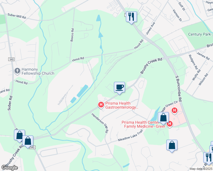 map of restaurants, bars, coffee shops, grocery stores, and more near 3325 Brushy Creek Road in Greer