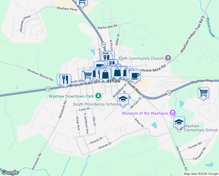 map of restaurants, bars, coffee shops, grocery stores, and more near in Waxhaw