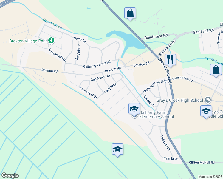 map of restaurants, bars, coffee shops, grocery stores, and more near 5725 Lady Way in Hope Mills