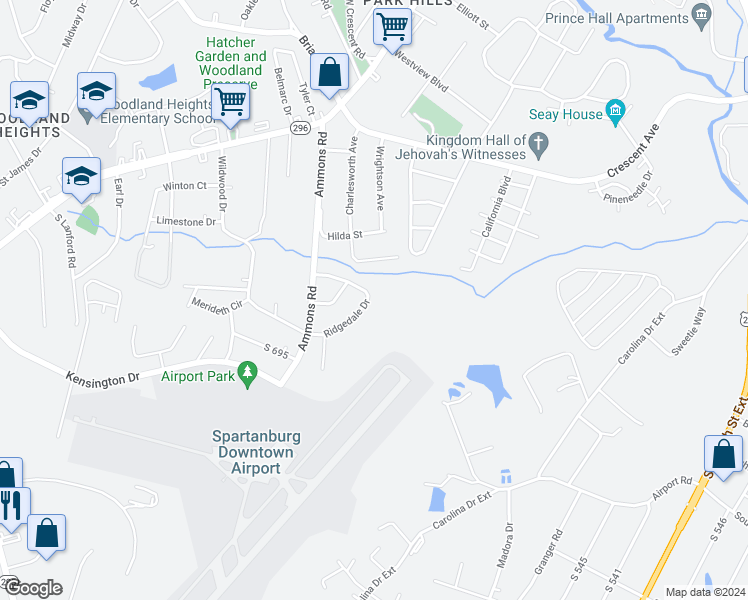 map of restaurants, bars, coffee shops, grocery stores, and more near 723 Ridgedale Drive in Spartanburg