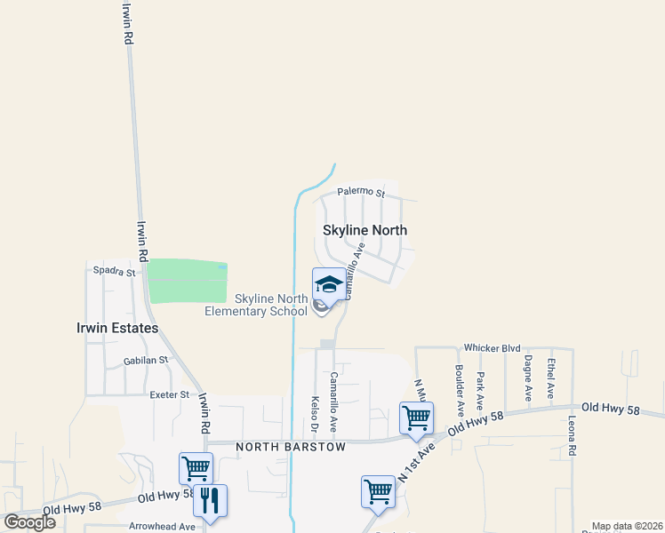map of restaurants, bars, coffee shops, grocery stores, and more near 37086 Torres Avenue in Barstow