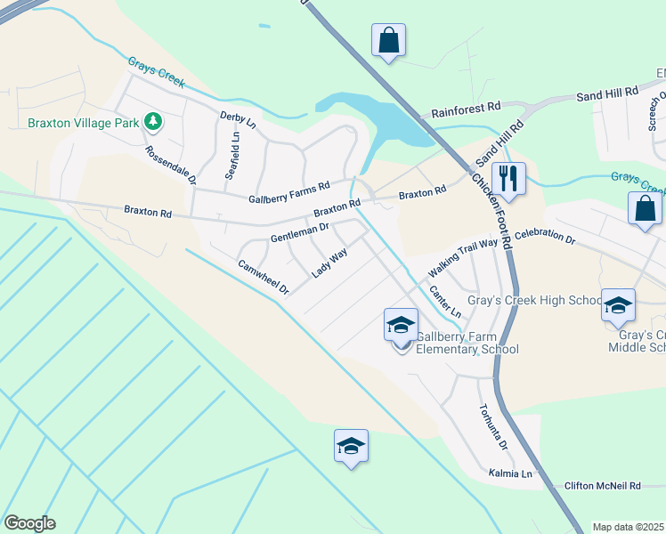 map of restaurants, bars, coffee shops, grocery stores, and more near 5725 Lady Way in Hope Mills