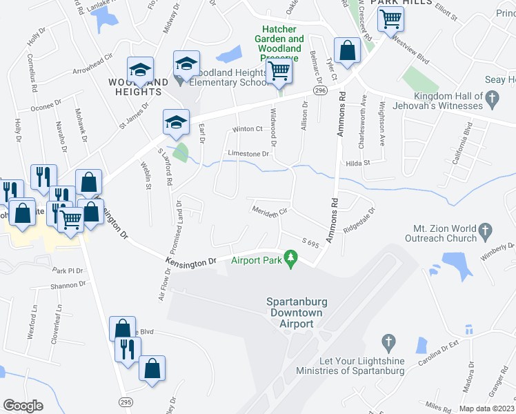 map of restaurants, bars, coffee shops, grocery stores, and more near 321 Merideth Circle in Spartanburg