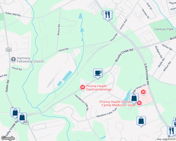 map of restaurants, bars, coffee shops, grocery stores, and more near 3331 Brushy Creek Road in Greer